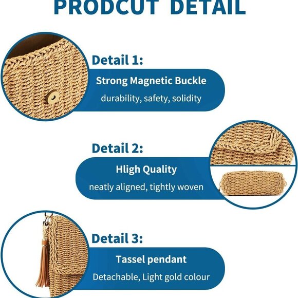 Women's Summer Straw Braided Crossbody Bag with Tassel Chain,Shoulder Straps Wov - Picture 4 of 6